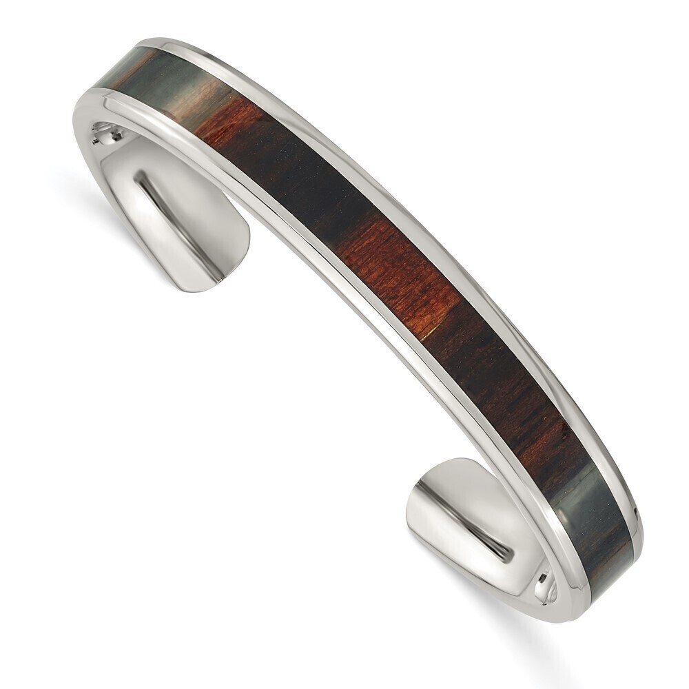 Kazi Luxury Steel Polished with Enameled Koa Wood Inlay Cuff Bangle